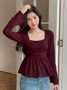DAZY Women's Square Neck Long Sleeve T-Shirt With Ruffled Hem,Fall Clothes,Babydoll Top Cute Tops - Red - View 3