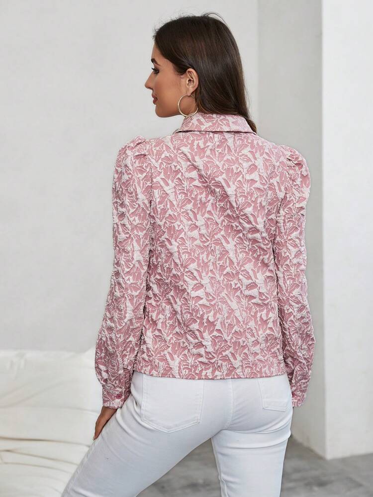 Women's Jacquard Shiny Diamond Detailing Pointed Collar Lantern Sleeve Shirt