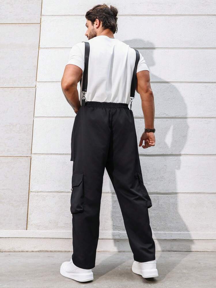 Plus Size Men's Solid Color Cargo Jumpsuit With Pockets And Suspenders