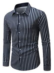 Manfinity Mode Men's Striped Graphic Designer Collar Long Sleeve Shirt, For Husband, Work, Daddy, Fall - Blue - View 4