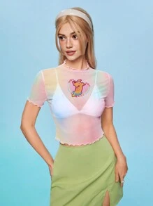 SCOOBY-DOO X SHEIN Women's Cartoon Print Lettuce Trim Top - Multicolor - View 1