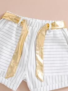 Teen Girl's Puff Sleeve Top With Reflective Fabric Matching Striped Shorts, 2pcs/Set