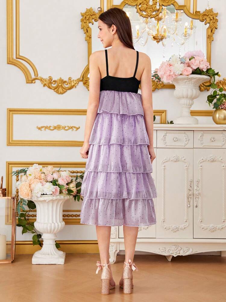 Colorblock Ruffle Hem Mesh Tiered Cami Dress