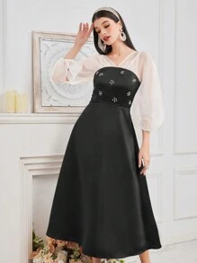 Modelyn Vestido De Malla De Manga De Lámpara Con Imitación De Perlas Decoradas Para Mujer - Blanco y Negro - Ver 8