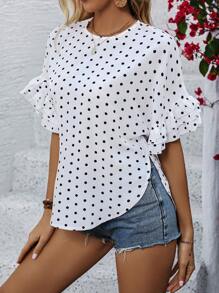 SHEIN Clasi 圓領圓點印花上衣,多層褶邊和袖口設計 - 白色 - 查看 6