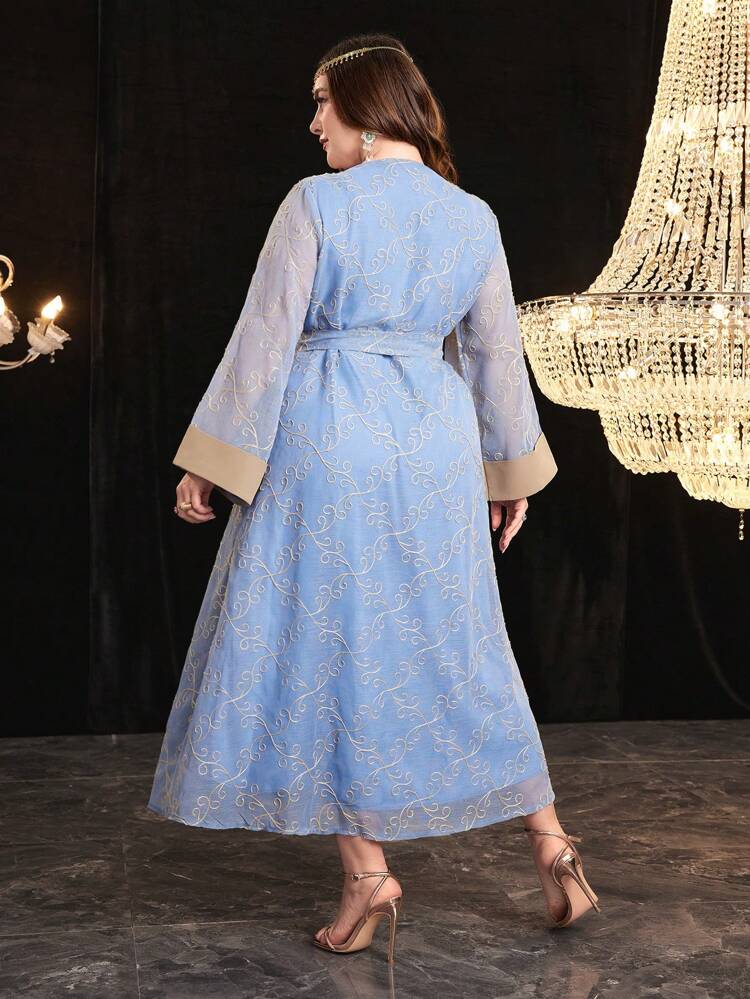Plus Size Women's Arabic Style Long Sleeve Dress With Embroidery Mesh Decoration Kaftan Jalabiya Dress
