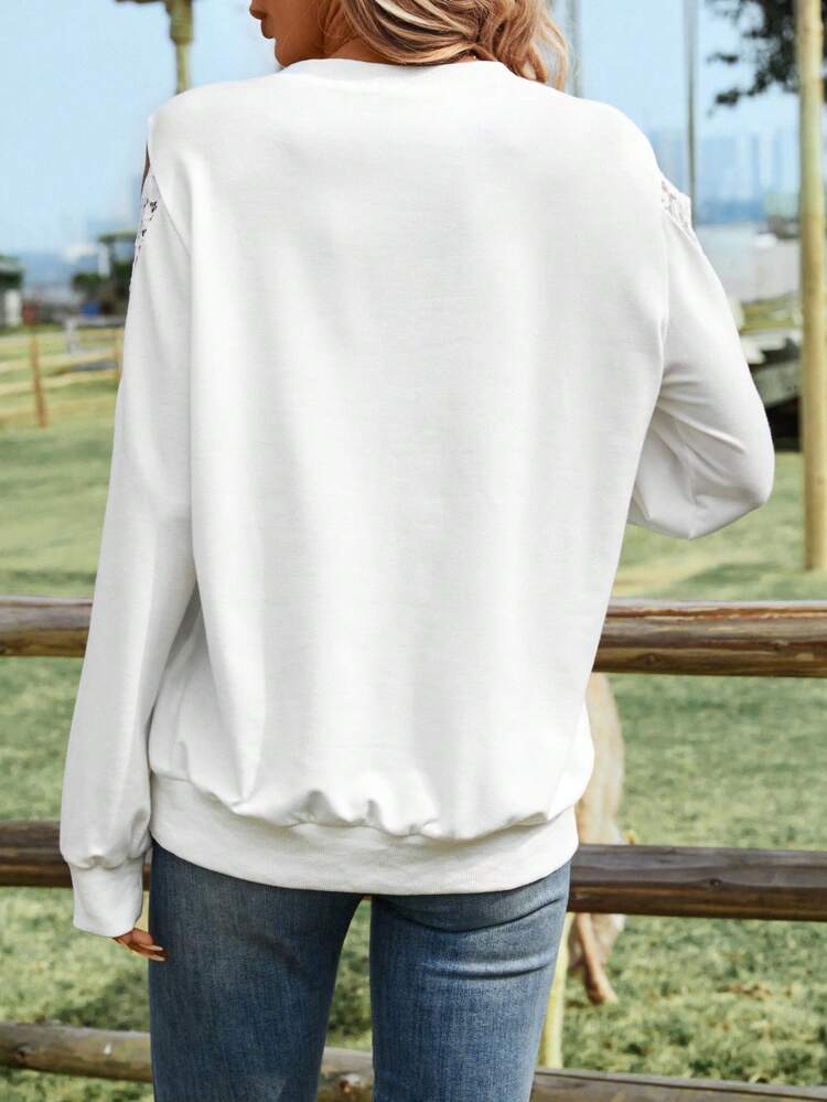 Women's Lace Splice Open Shoulder Sweatshirt Pullover Fall Sweatshirt
