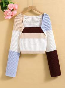 Teen Girl Contrast Color Square Collar Short Flared Sleeve Hollow Out Knitted Sweater - Multicolor - View 1