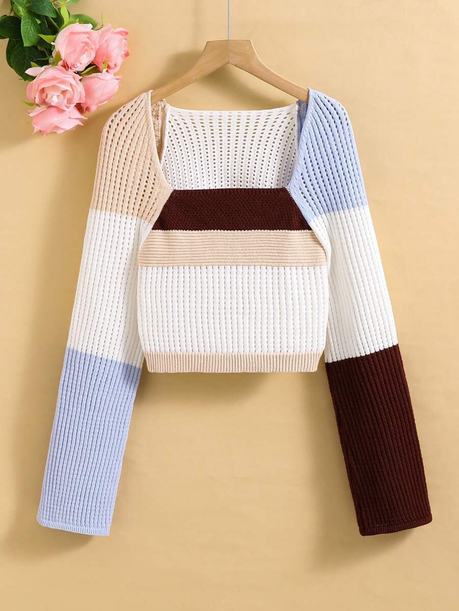 Teen Girl Contrast Color Square Collar Short Flared Sleeve Hollow Out Knitted Sweater - Multicolor - View 1