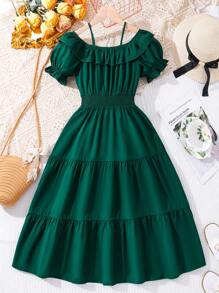 SHEIN Tween Girl's Ruffle Trimmed Strap Bubble Sleeve Wrap Waist Dress - Green - View 2