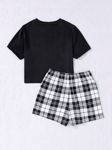 SHEIN Teen Girl Knitted Teddy Short Sleeve T-Shirt And Plaid Shorts Homewear Set - Black and White - View 2