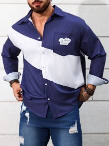 Manfinity Homme Camisa De Manga Larga Para Hombre Con Bloqueo De Color - Azul - Ver 6