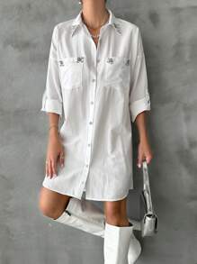 RueChic Solid Button Front Roll Up Sleeve Shirt - White - View 1