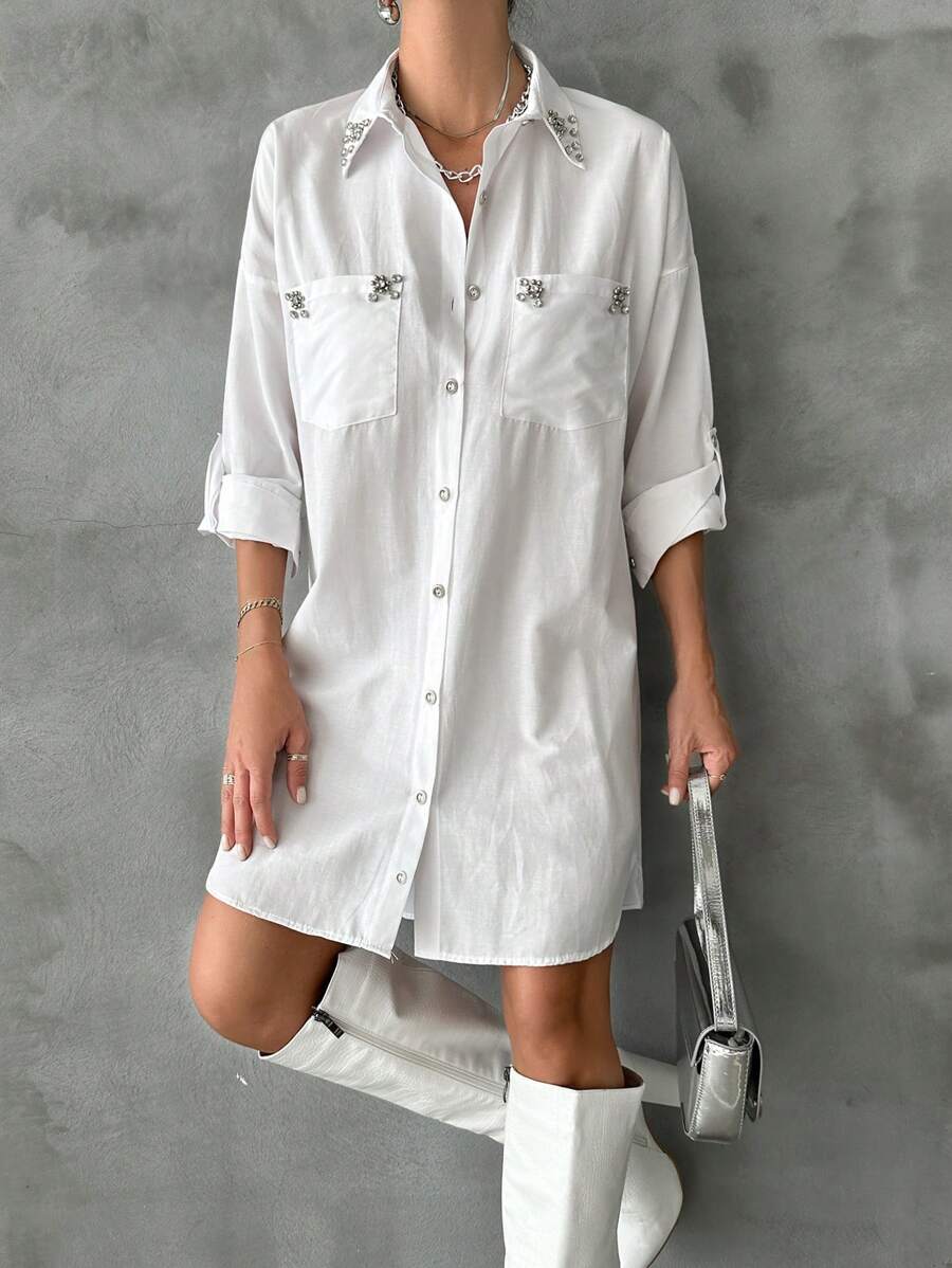 RueChic Solid Button Front Roll Up Sleeve Shirt - White - View 1