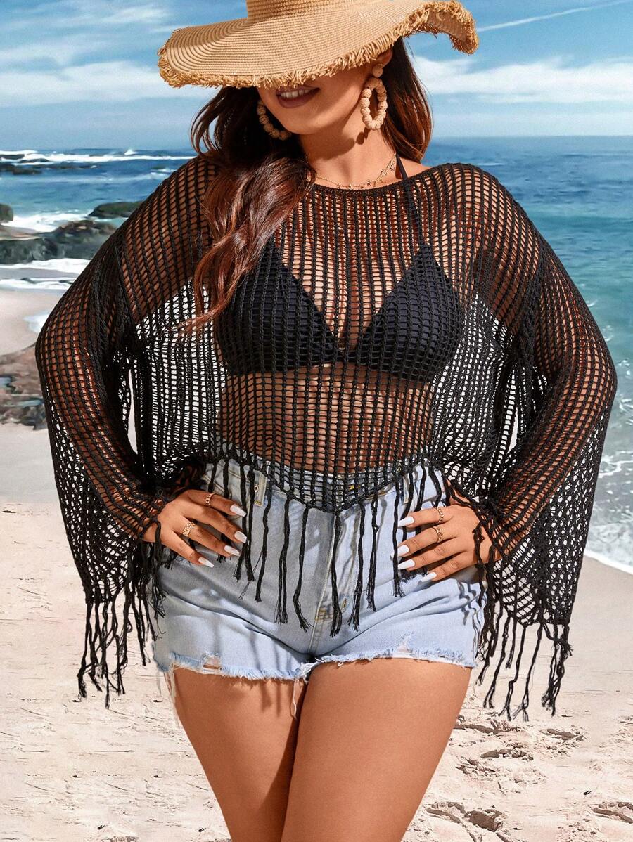 Flirla 1件大尺碼時尚中空絲帶長袖毛衣