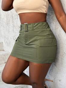 Slaydiva Belted Pocketed Utility Mini Skirt