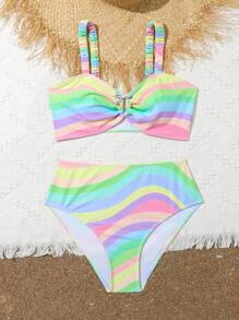 Teen Girls' Stylish Rainbow Striped Front Tie Bikini With Split Design - Pink - View 4