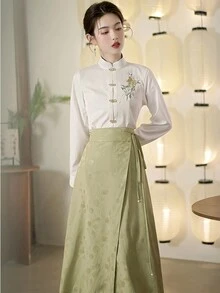 New Chinese Style National Style Wrap Tie Dynasty Blouse Waist Skirt - Mint Green - View 4