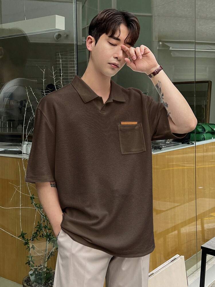 Men's Textured Short Sleeve Polo Shirt With Pocket,Fall Clothes