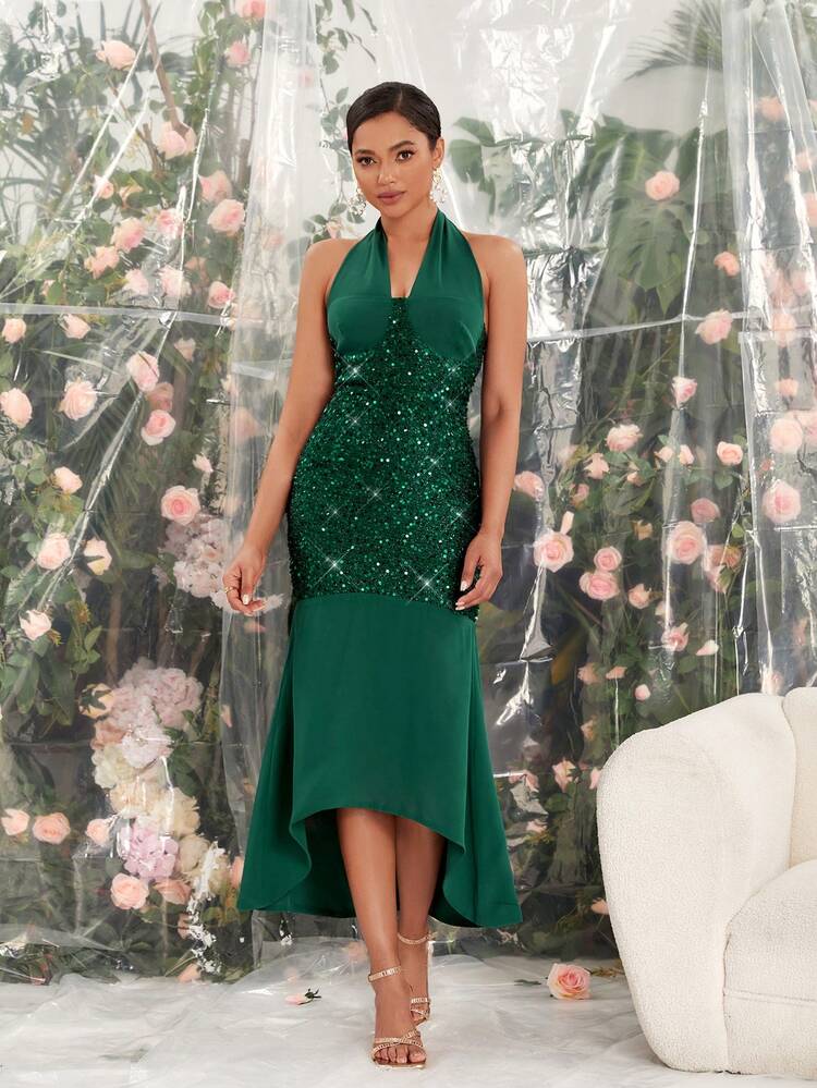 Women's Patchwork Sequin Mermaid Halter Neck Dress