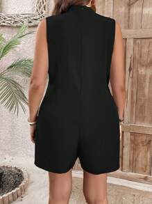 SHEIN Clasi Plus Size Women's Solid Color Sleeveless Stand Collar Romper - Black - View 2