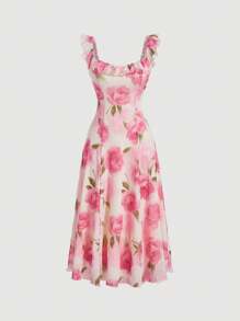 SHEIN MOD 女式荷叶边下摆花卉印花连衣裙 - 粉色 - 查看 2