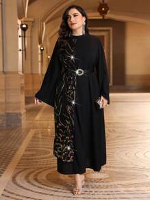 Al Najma Plus Size Glitter Patchwork Flare Sleeve Dress