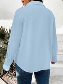 Elenzga Plus Size Solid Color Long Sleeve Single Breasted Shirt Fall Cloth For Women - Baby Blue - View 2
