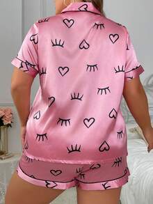 Women's Plus Size Heart Eyelash Pattern Printed Imitation Silk Pajama Set - Hot Pink - View 2