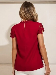 SHEIN Clasi Quý cô Màu thuần Ren Áo sơ mi - Đỏ - Xem 2