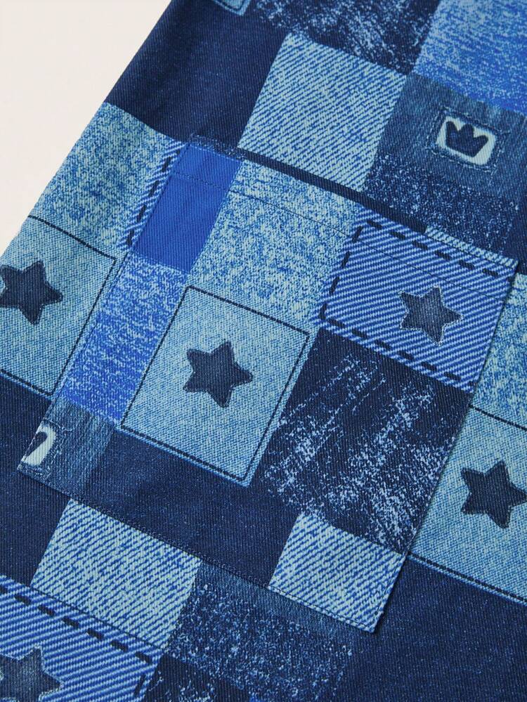 Women's Blue Sleeveless Star Patchwork Pattern Printed Summer Dress