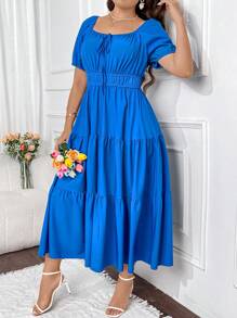 Flirla Vestido De Talla Grande Con Cuello Elegante Y Dobladillo Multicapa - Azul - Ver 5