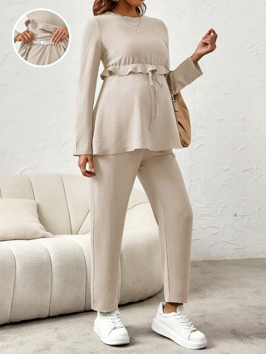 SHEIN Maternity Long Sleeve Top With Ruffle Trim And Adjustable Waist Pants 2pcs/Set - Apricot - View 1