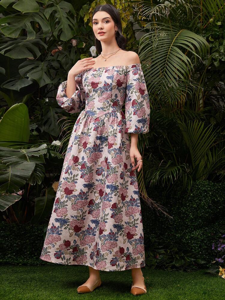 Women's Floral Printed Off-Shoulder Lantern Sleeve Dress