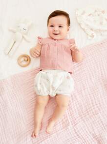 SHEIN Pasgeboren Baby Meisjes Effen kleur Rucheszoom Tops , Bloemen Shorts En Pet 3 stuks