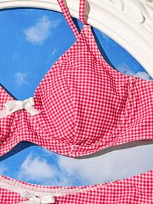 Swim Mod Set de bikini Summer Beach pentru damă, cu bowknot în carouri