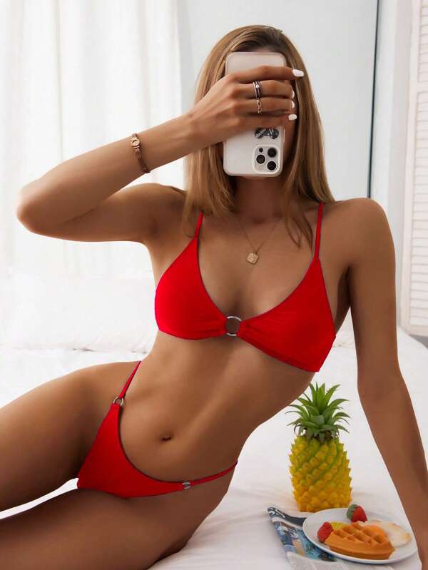 SHEIN Swim Set de bikini pentru plajă de vară, cu decorațiuni circulare, curea spaghete, sutien triunghiular și set de bikini Set de bikini pentru partea inferioară