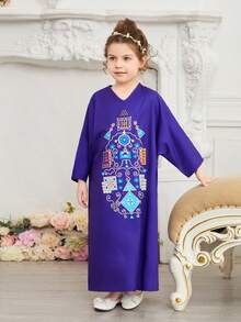 SHEIN Young Girl's Loose Fit V-Neck Batwing Sleeve Printed Dress For Summer - Blue - View 3