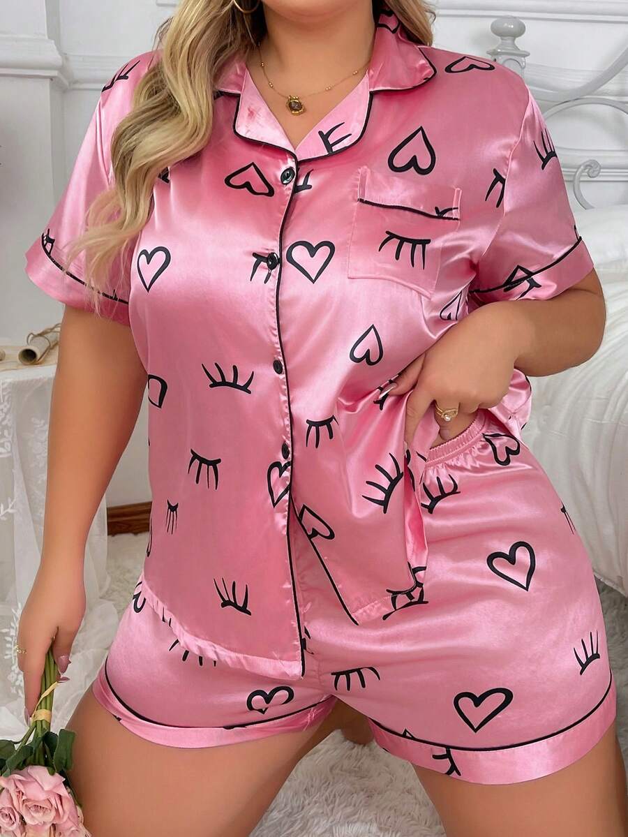 Women's Plus Size Heart Eyelash Pattern Printed Imitation Silk Pajama Set - Hot Pink - View 1