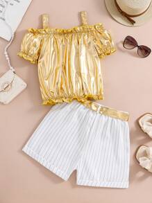 Teen Girl's Puff Sleeve Top With Reflective Fabric Matching Striped Shorts, 2pcs/Set