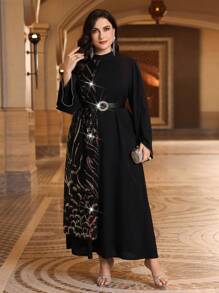 Al Najma Plus Size Glitter Patchwork Flare Sleeve Dress