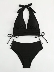Swim Vcay Summer Beach Solid Color Texture Bikini Set Music Festival - Black - View 6