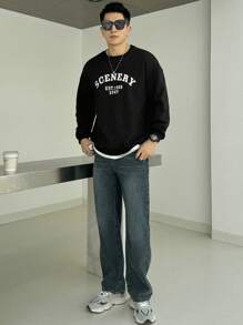 DAZY Men's Letter Printed Round Neck Drop Shoulder Sweatshirt,Fall Clothes