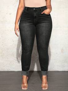 Slaydiva Women's Plus Size Slim Fit Jeans With Slip Pockets - Black - View 1