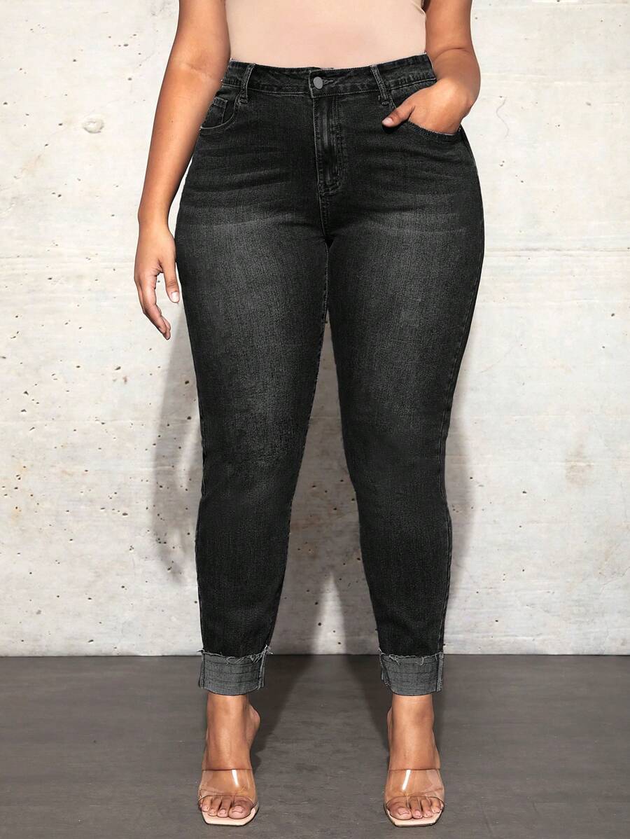 Slaydiva Women's Plus Size Slim Fit Jeans With Slip Pockets - Black - View 1