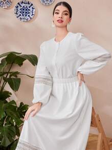 Mulvari 女士蕾丝拼布灯笼袖上衣和裙子两件套 2 件套 - 白色 - 查看 5