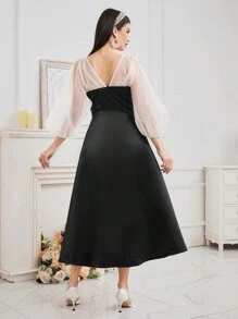 Modelyn Vestido De Malla De Manga De Lámpara Con Imitación De Perlas Decoradas Para Mujer - Blanco y Negro - Ver 2