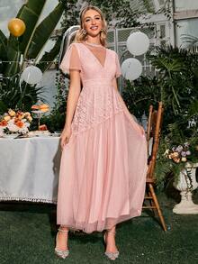 Simplee Women's Lace Patchwork Dress - Baby Pink - View 5