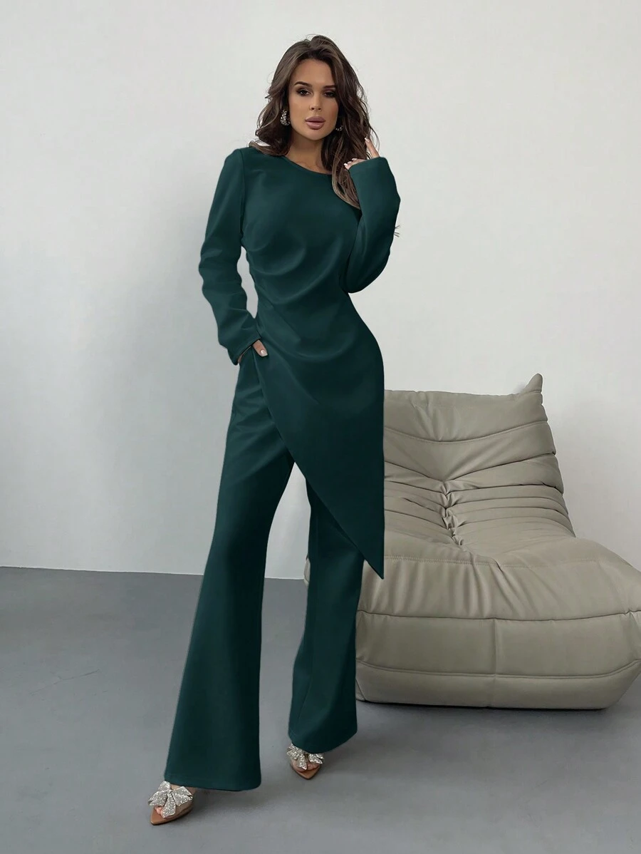 Aloruh Damen Set aus asymmetrischem Saum Top Einfarbig und weiten Hosen - Grün - Übersicht 1