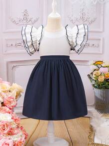 SHEIN Vestido Con Dobladillo Con Volantes Y Remiendos De Color Azul Y Blanco Para Niñas Jóvenes